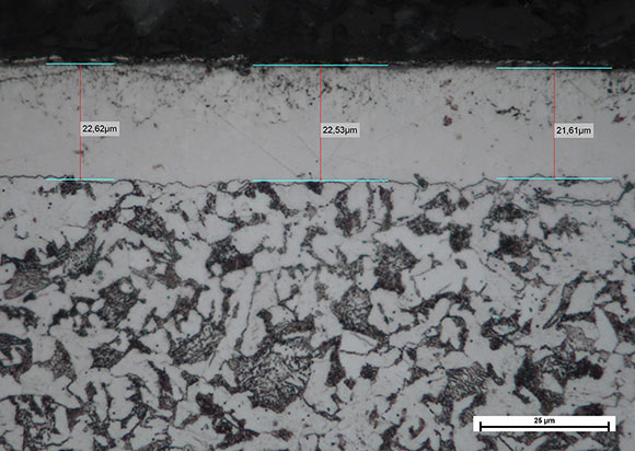 The thickness measurement of white layer created as a result of the nitriding process